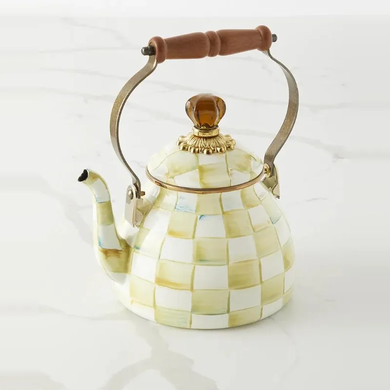 

Flower market black and white enamel wooden handle traditional kettle afternoon tea vase