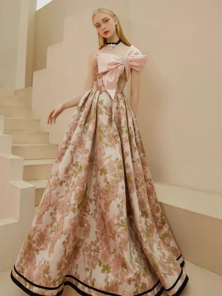 Vestidos de noite sem alças com estampa floral feminino, lindos vestidos de baile, estilo francês com laço, linha A de cristal, 2024