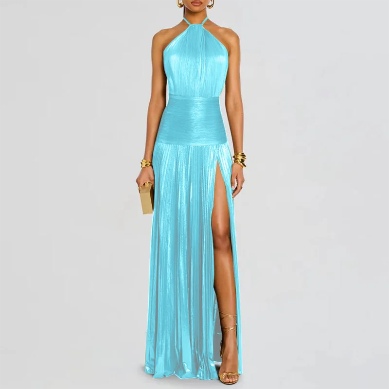Ouro sexy halter alta divisão vestidos de noite mulher chique sólido oco plissado vestido longo primavera verão sem costas zip maxi vestido