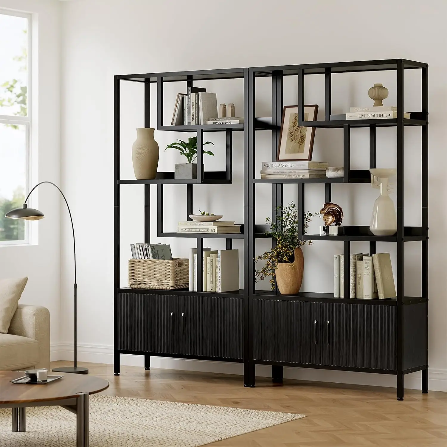 5-Tier Etagere Bookcase Fluted Cabinet Industrial Wood Metal Black | 70.8