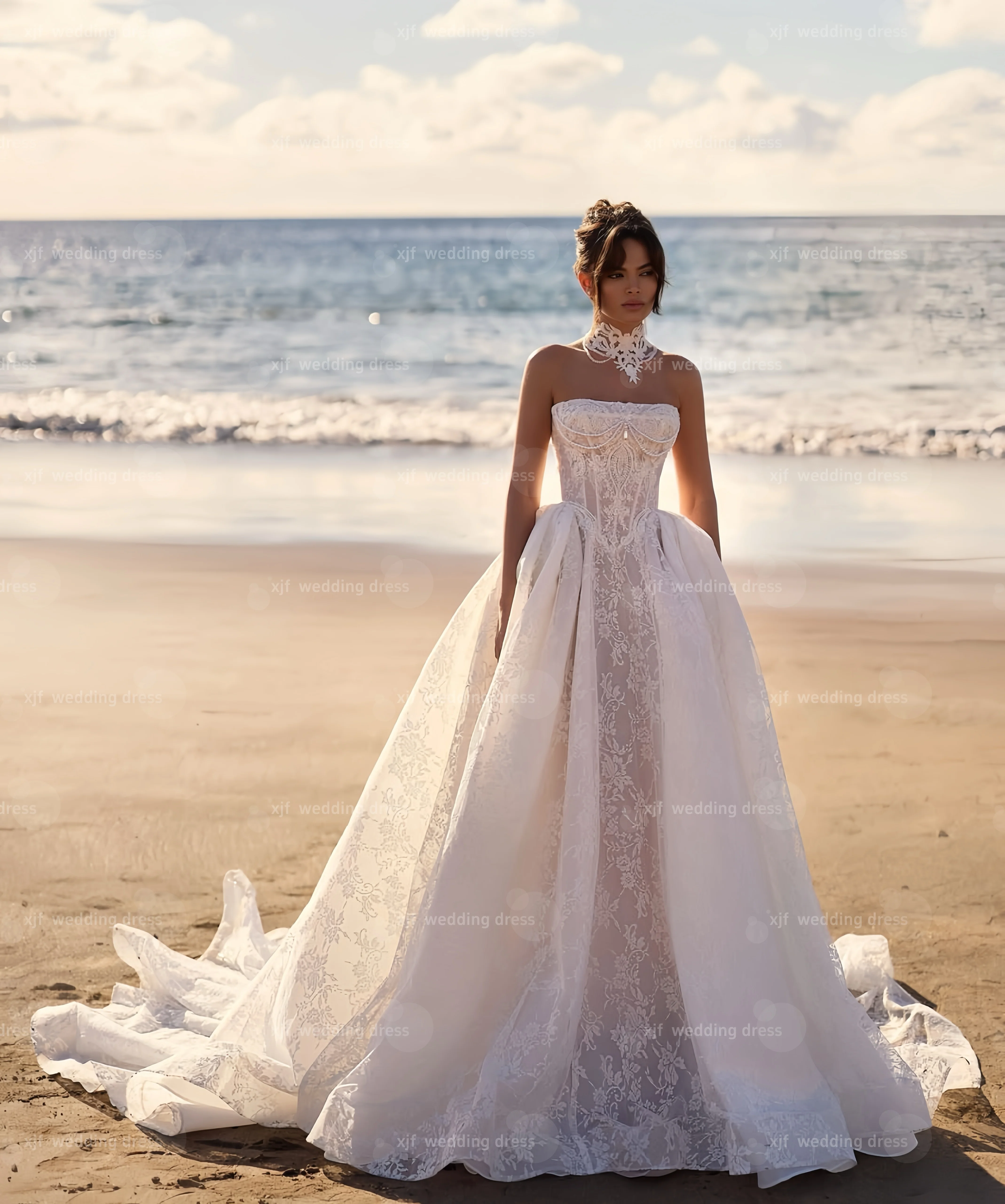 

Customzied strapless sleeveless A-LINE lace elegant wedding dress vestidos de novia amanda novias amanda novias official