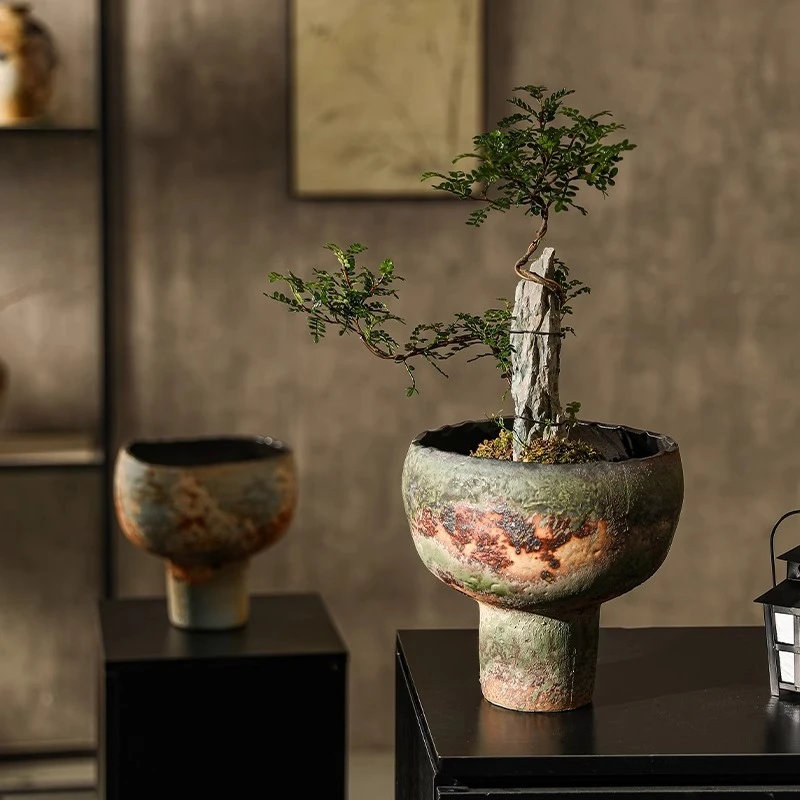 Vintage Zen Style Hand-Pinched Ceramic Vase Large Opening Distressed Finish Flower Pot for Succulents Plant Decor Centerpiece