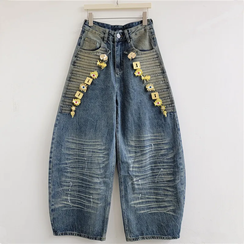 2026 Autumn Vintage Style Multiple Metal Buckles Decor Straight Jeans for Women High Waisted Curved Wide Leg Loose Denim Pants