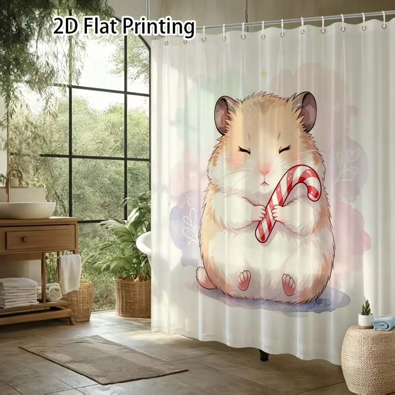 Cute Hamster Candy Cane Shower Curtain, Christmas Animal Watercolor Art Waterproof Bath Curtain, Holiday Kids Bathroom Decor