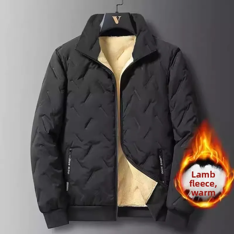 

Мужская утепленная куртка из хлопка с флисовой подкладкой и ворсом под овчину, свободного кроя, больших размеров, в городском стиле, с воротником-стойкой