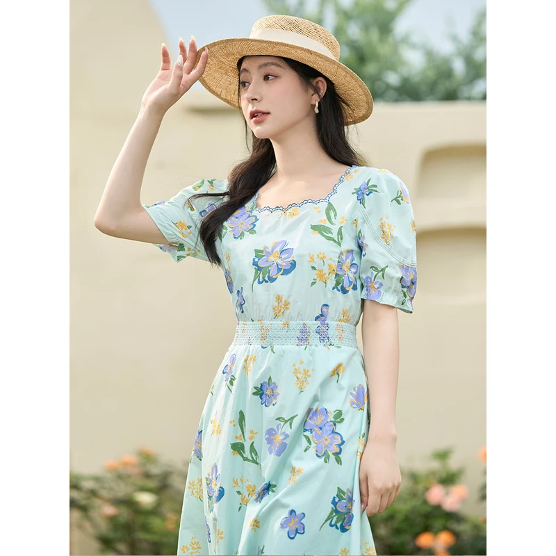 INMAN Women Dress 2023 Summer Short Sleeves Square Neck Pleated High Waisted A-shaped Design Contrast Embroidery Elegant Skirt