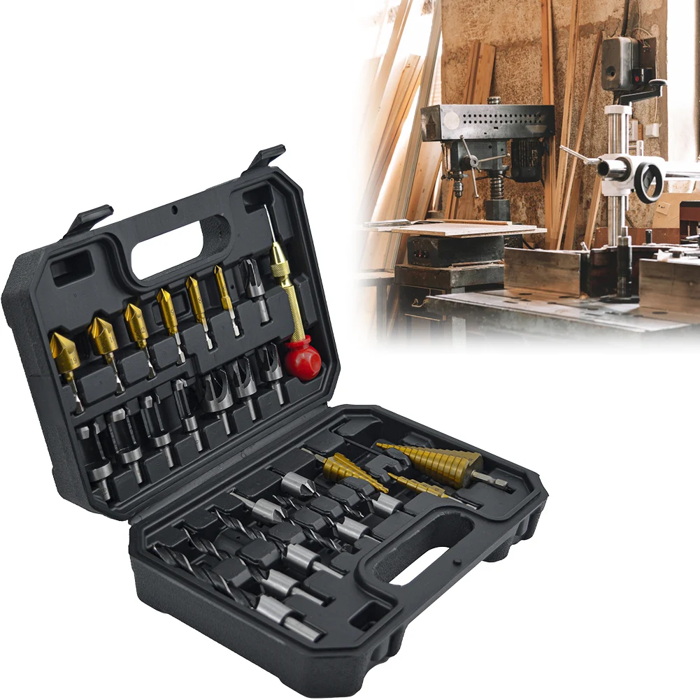 Conjunto de ferramentas de broca de 26 peças, incluindo perfurador central automático, broca escareadora de 3 pontas, cortador de madeira, broca de chanfro