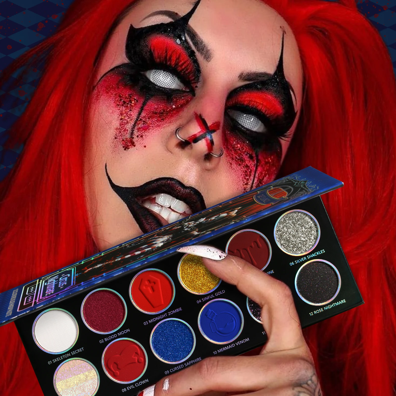 Paleta de sombras multicromadas azuis vermelhas, sombra brilhante prateada metálica de alto pigmento para maquiagem gótica, palhaço/joker esfumaçado