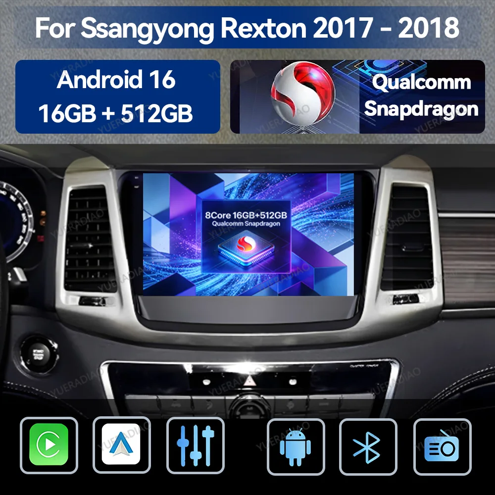 Android 16 Carplay Auto For Ssangyong Rexton Musso 2018 2019 Head Unit GPS NAVI Qualcomm Multimedia Stereo Video Player 4G WIFI