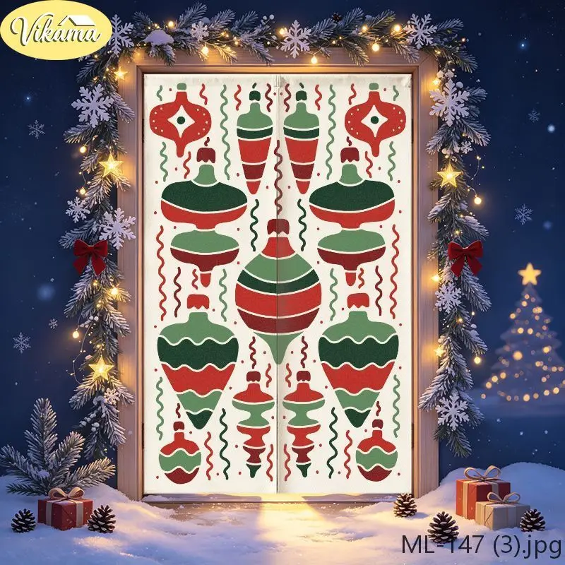 VIKAMA Christmas Door Curtain White Noren Style Christmas Ornament Line Door Hanging Home Winter Holiday Decor