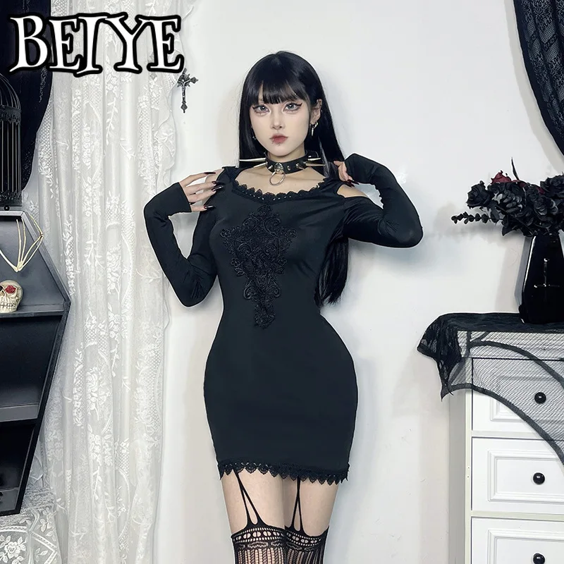 Harajuku mode borduurwerk bodycon mini-jurk zwart vestido grunge techwear mall gothic off-shoulder goth dark jurken met capuchon