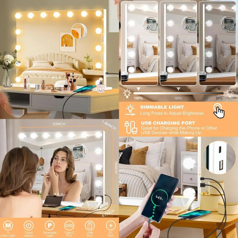 

Hollywood Style Lighted Makeup Mirror with 15 Adjustable Bulbs, 10X Magnification, 3 Color Modes for Vanity