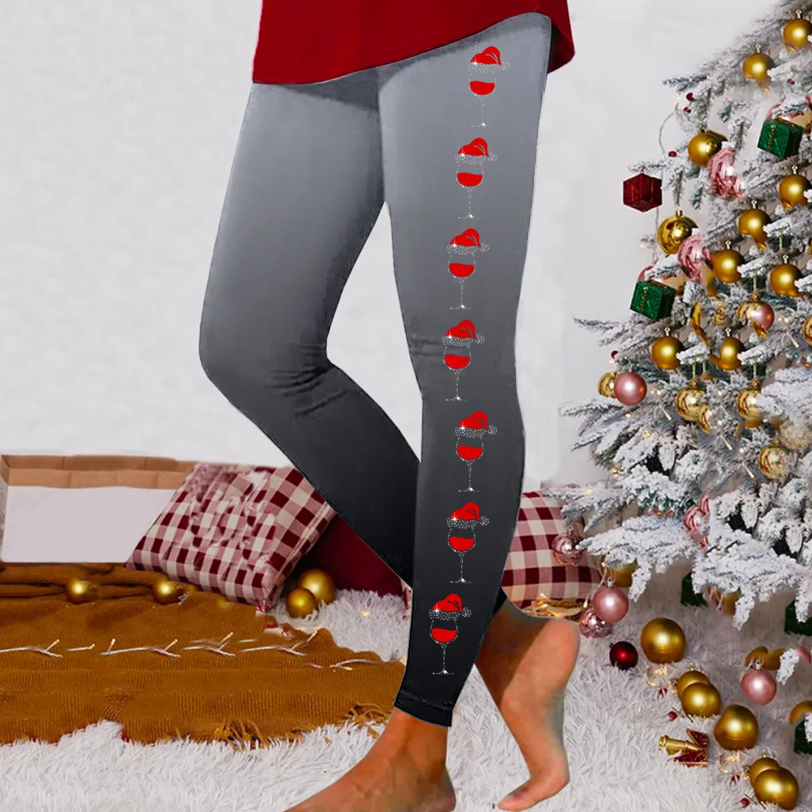 Celana legging wanita Natal, celana legging wanita natal Motif pinggang tinggi, celana pesta lembut elastis, celana panjang latihan keluar kebugaran