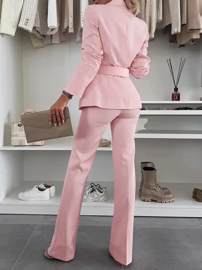 

2 Pieces Outfit Metal Ring Decor Notched Collar Overlap V-Neck Cinched Waist Wrap Front Top & Flared Pants Set Casual Blazer Set
