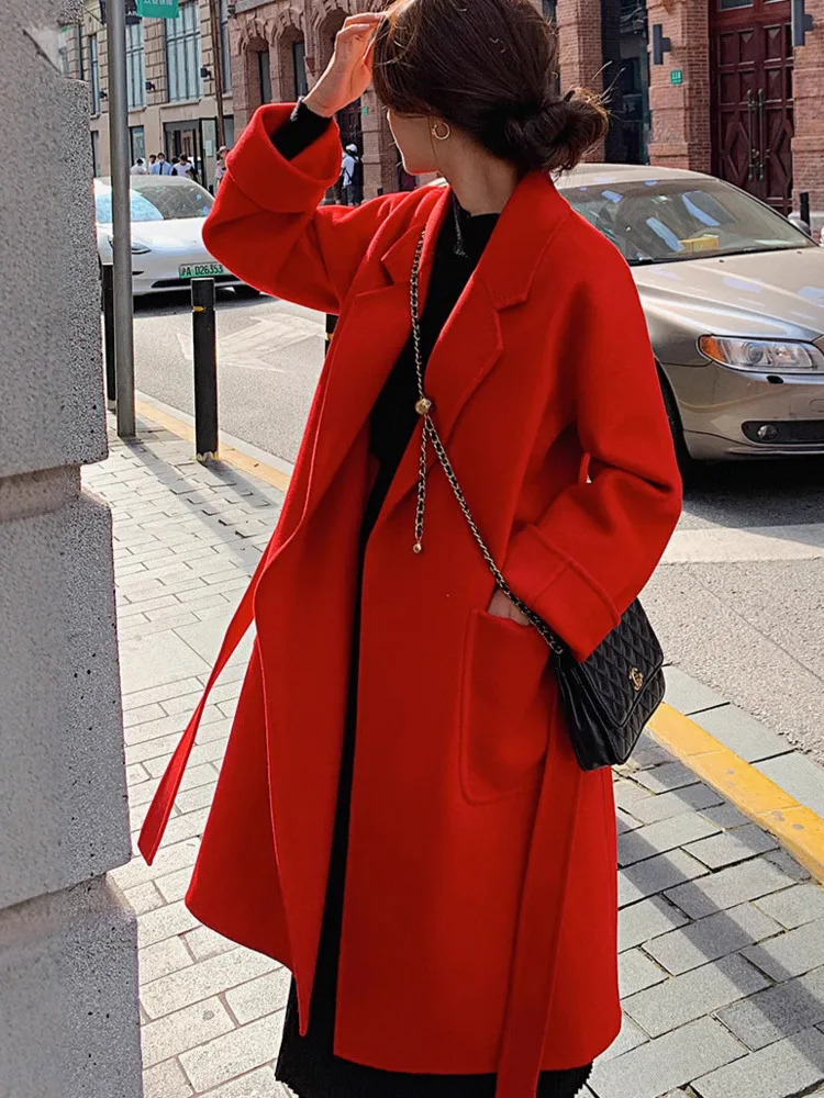 معاطف صوف من WHTREND للنساء على الطراز الكوري بجيب كبير وحزام صوف متوسط الطول معطف شتوي دافئ ملابس فاخرة WH1626 #2