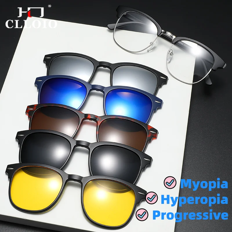 

CLLOIO Fashion 6 In 1 Square Men Driving Safety Polarized Sunglasses Magnet Clip On Myopia Optical Prescription Reading Glasses