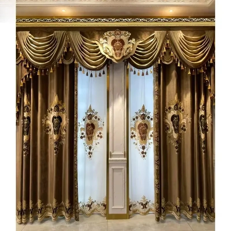 

European Coffee Embroidered Luxury Velvet Curtains for Living Room Bedroom Dining Villa Blackout Tulle Valance Window Custom
