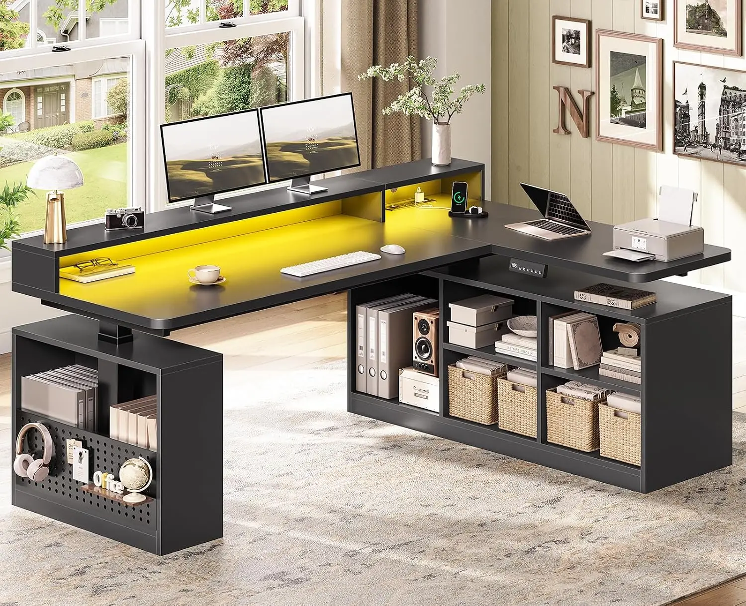 L Shaped Gaming Standing Desk, 63 inch Height Adjustable Office Executive Desk with Storage Shelves and Monitor Stands