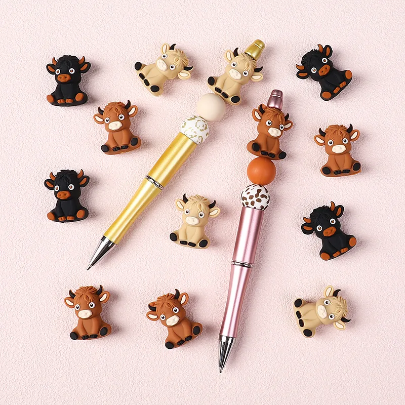 10pcs Highland cow 3D Focal Silicone Bead Animal Series Bead For Jewelry Making DIY KeyChain Pen Beaded Accessories