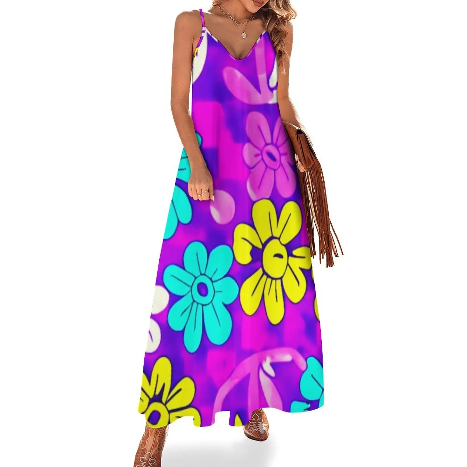 

60s Style Neon Flowers ,Yallew And Blue Funny Cool Flower Sleeveless Dress Party dresses Woman's evening dress