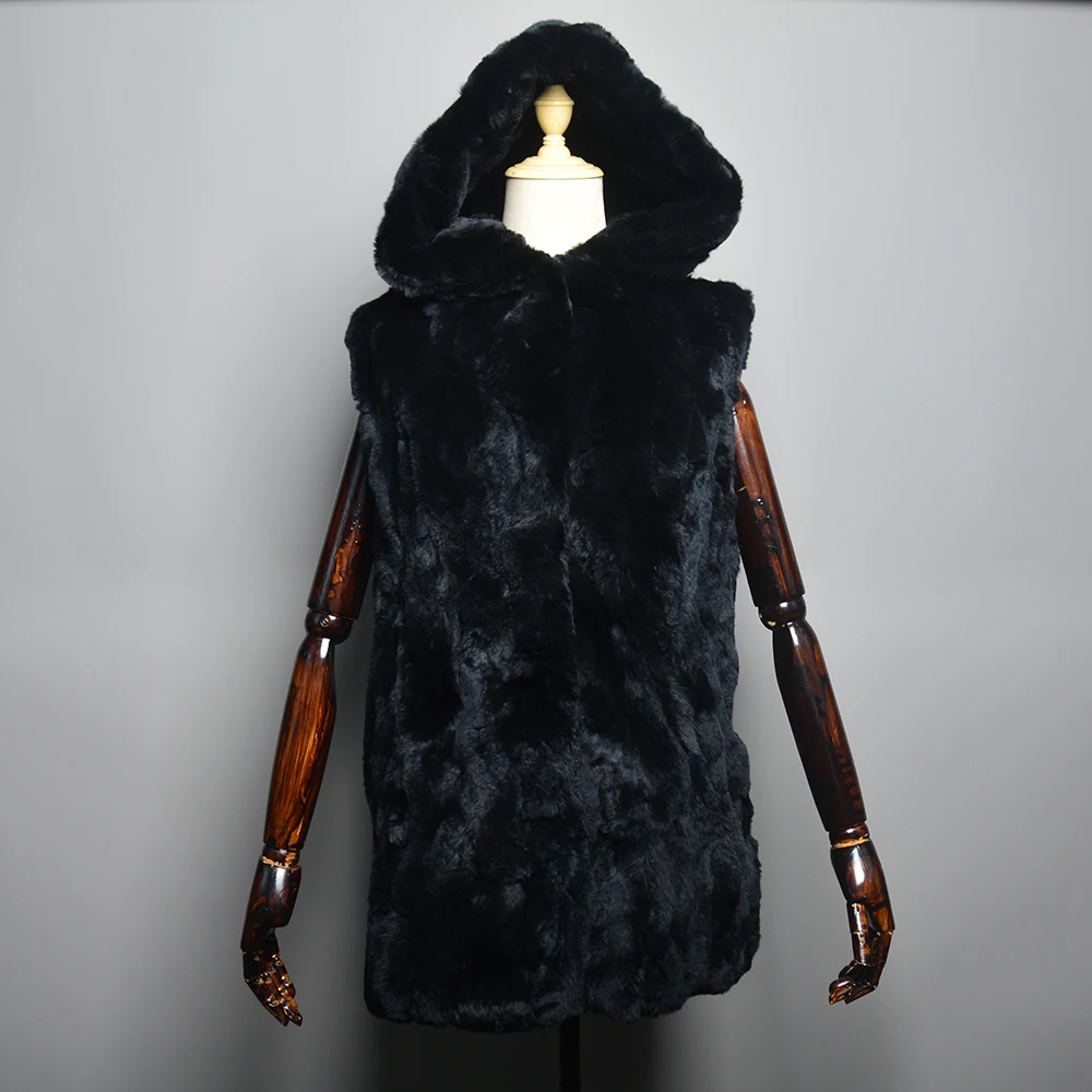 Luxury Women Hooded Fur Coat Beige Rex Rabbit Fur Vest Sleeveless with Hood Winter Rex Rabbit Fur Waistcoat 100% Real Fur Vest