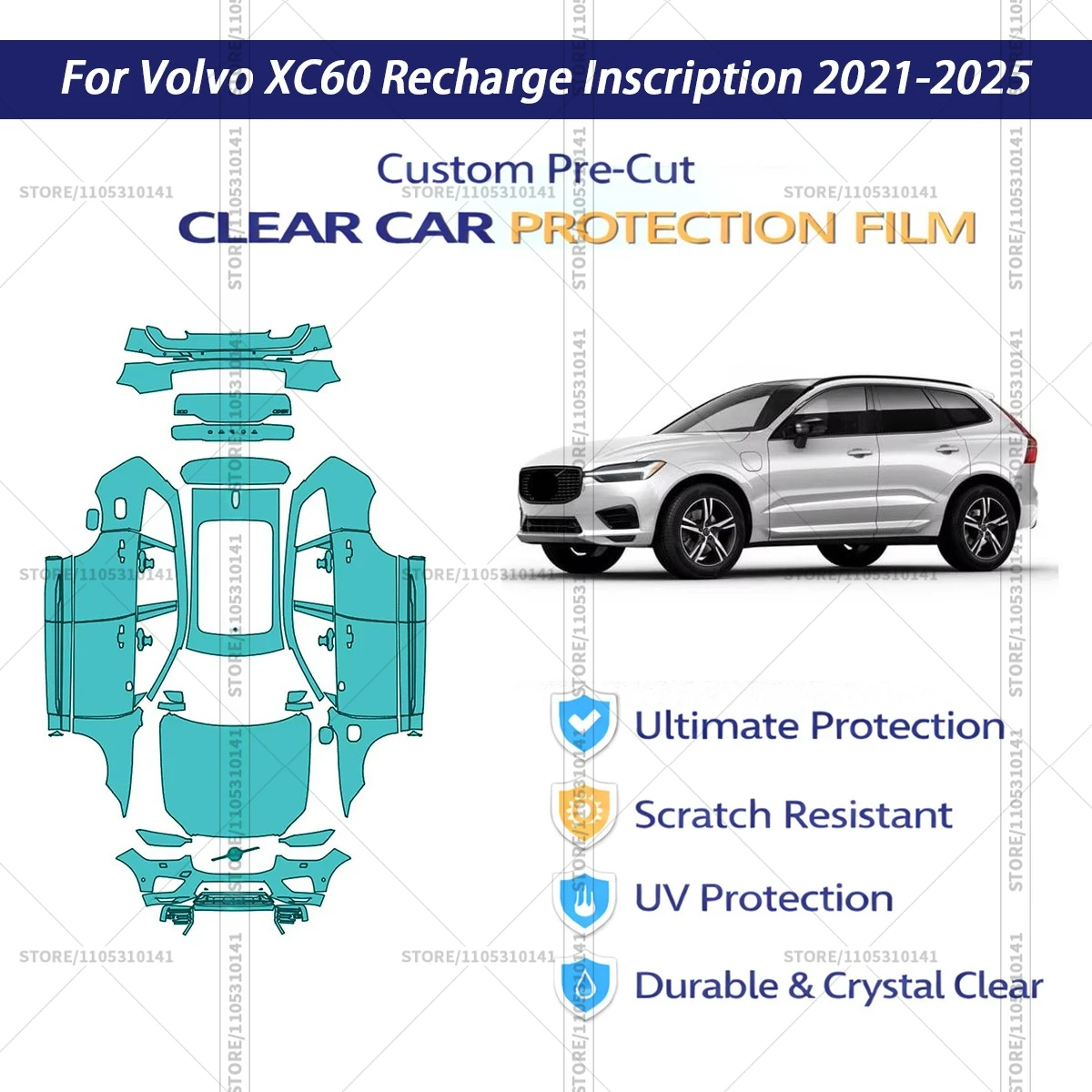 

Защитная пленка PPF для Volvo XC60 Recharge Inscription 2021-2025, предварительно вырезанная, прозрачная, для полной оклейки автомобиля
