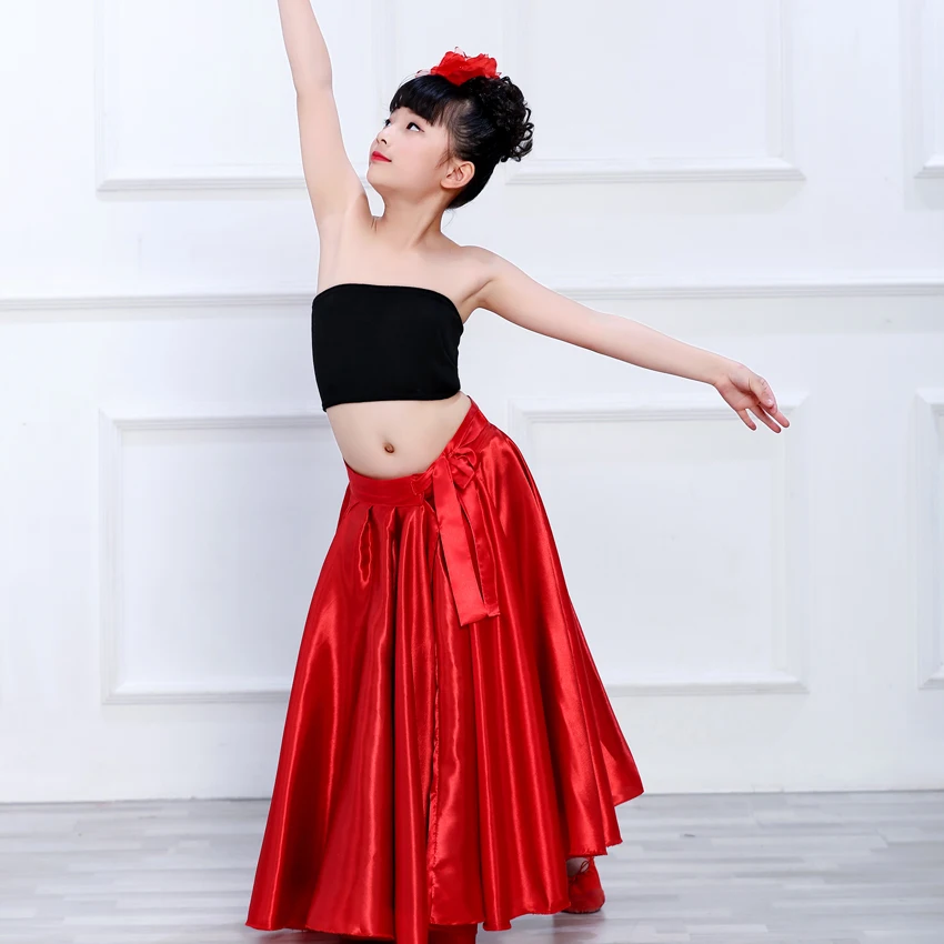 360-720 Degree Red Black Satin Solid Spanish Flamenco Skirt Lace Up Female Dance Costumes Girls Ballroom Mother Daughter Dress