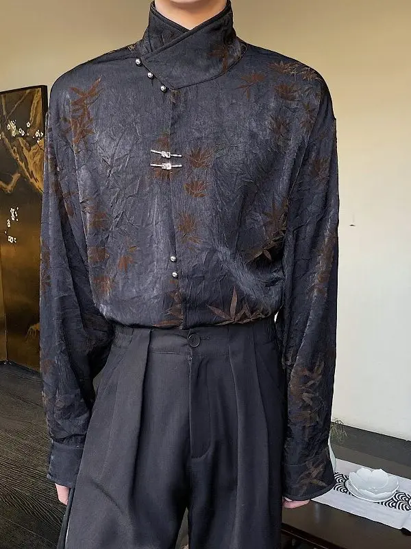 

New Chinese Sle Long Sve Floing Bamboo Bud Casual Loose Men's irt Traditional Faion Trendy Versatile Breathable Po...