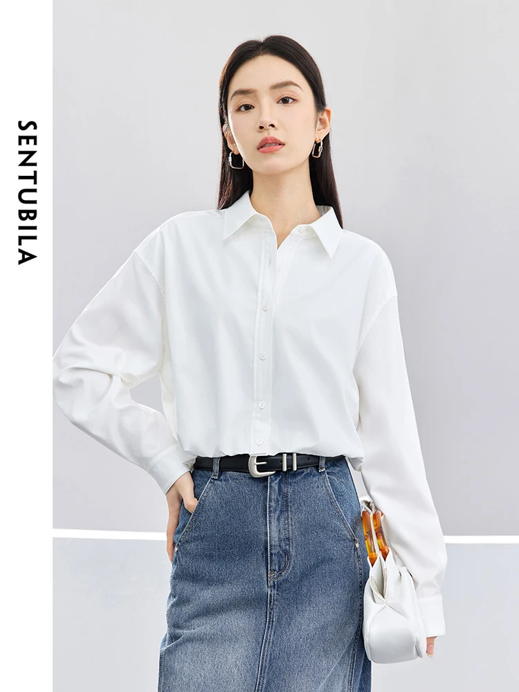 SENTUBILA Cropped White Shirt & Blouse Solid Polo Collar Button Up Long Sleeve Blouses 2024 Spring Summer Simple Tops 141C52395