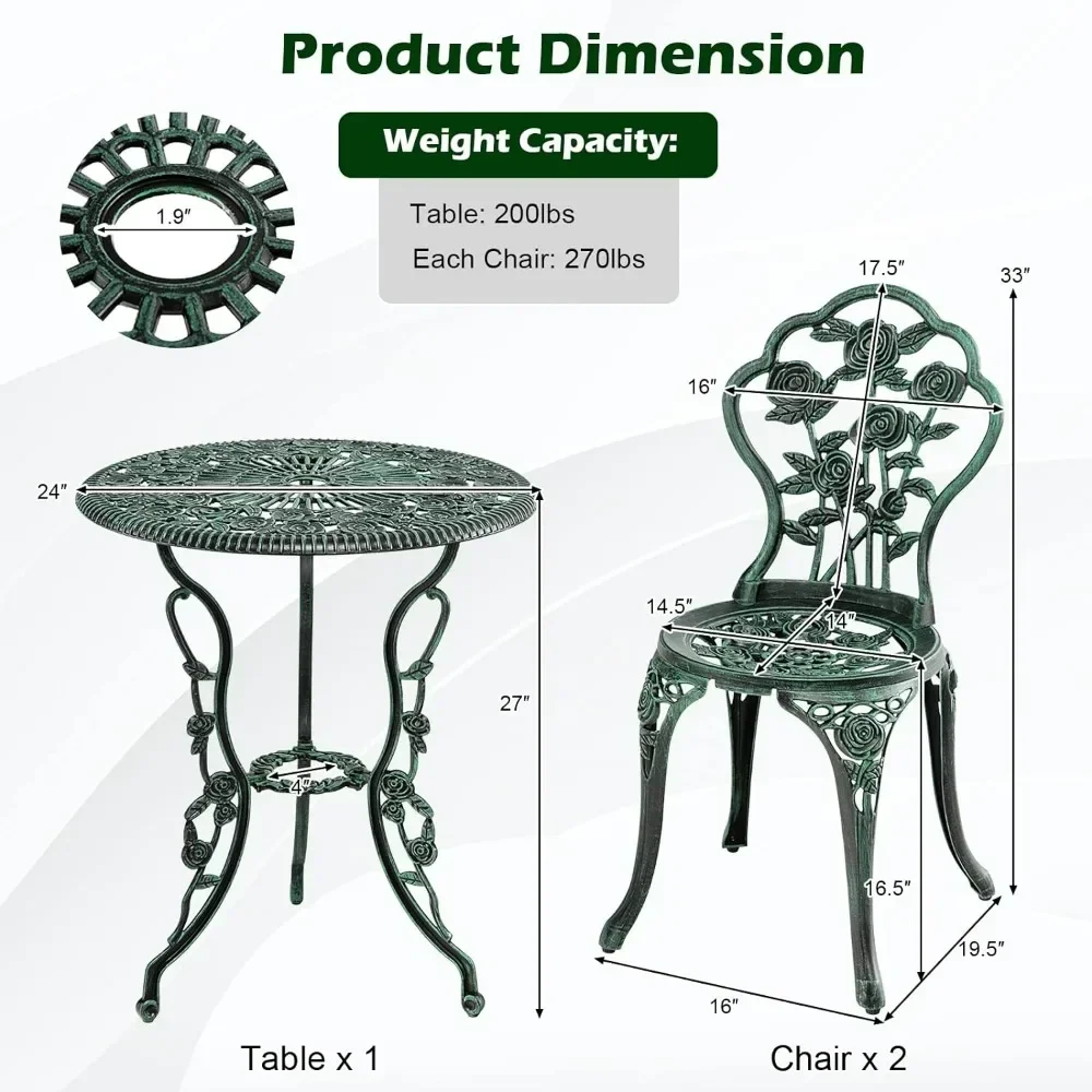 Juego de bistró de aluminio fundido con diseño de rosas, muebles antiguos para Patio, resistente a la intemperie, mesa redonda y sillas de jardín, 3 piezas