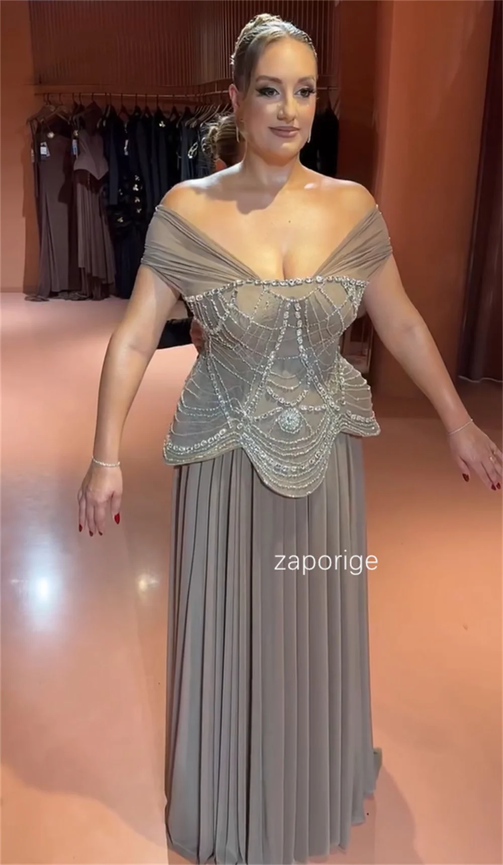 Customized Matching Chiffon Pleat Sequined A-line Off-the-shoulder Long Evening Dresses Luxury 2025 Exquisite Simple
