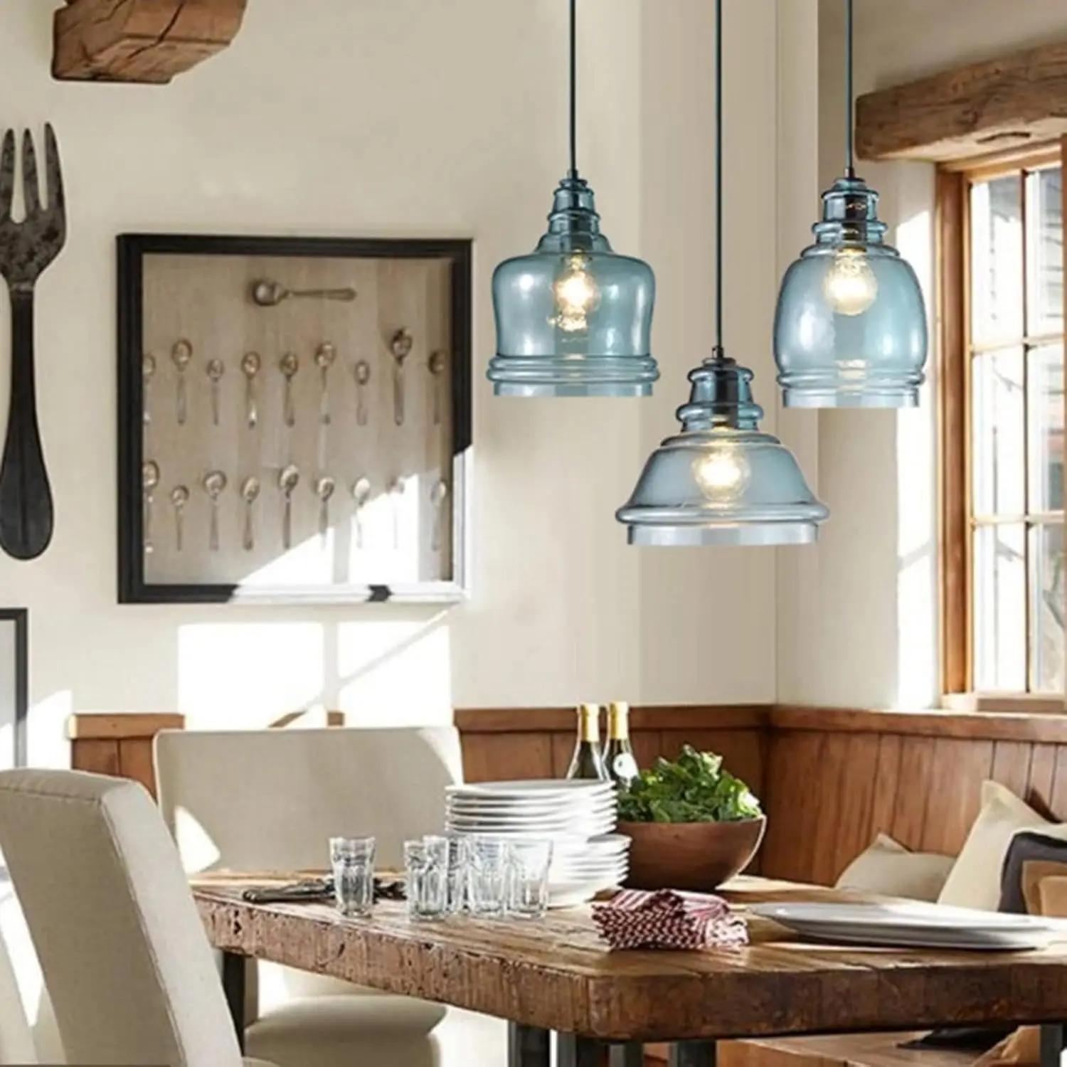 3-Light Water Pattern Blue Glass Pendant Light Fixtures,Kitchen Island Hanging Light Chandelier Ceiling Lamp (Round)