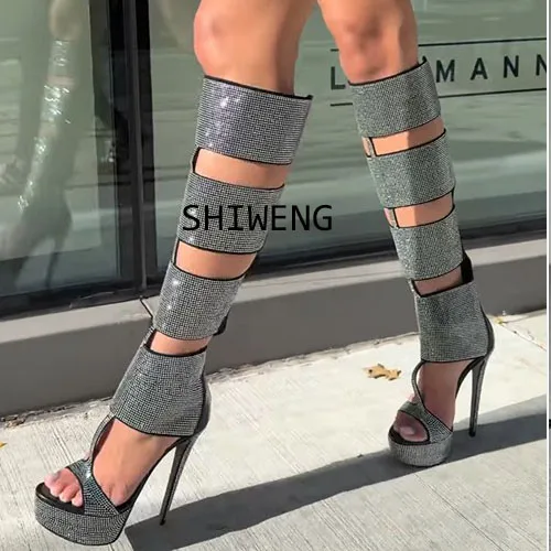 

2026 Women Rhinestones Platform Cut-Out Sandals Gladiator Thin Heels Crystals Bling Multi-Buckled Women's Sandal Boots