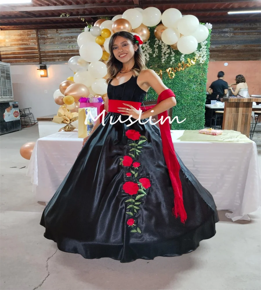 Black Mexico Folklorico Prom Dress Embroidery Mariachi Medieval Vestidos De 15 Años  Evening Dress Costume Gothic Customized