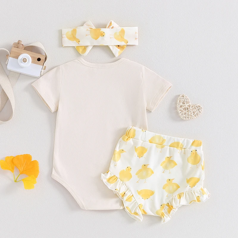 Newborn Baby Girl Easter Outfit 3Pcs Short Sleeve Romper Chick Print Shorts Headband Set Cute Summer Clothes