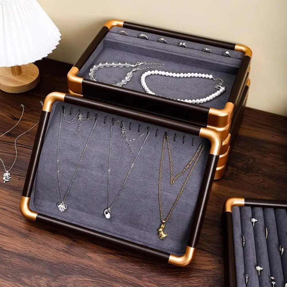 Velvet Wooden Jewelry Tray Large Capacity Necklaces Bracelets Jewelry Organizer Earrings Rings Storage Box