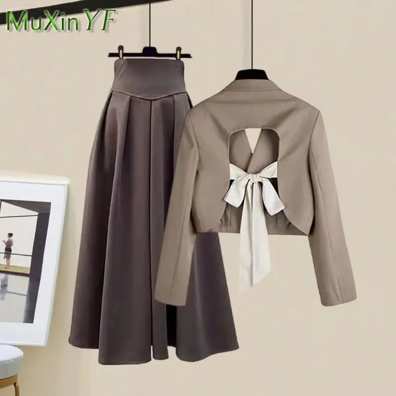 

Women's 2025 Spring New Jacket Dress Matching Set Korean Elegant Bow Short Cardigan Coat Hight Waist Midi Skirt Two Piece Suit