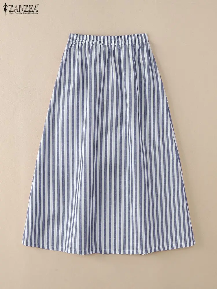 ZANZEA Elegant Women High Waist Office Stripe Skirts Summer Jupes Stylish Pleated Midi Skirt Elegant A-line OL Work Faldas Saia