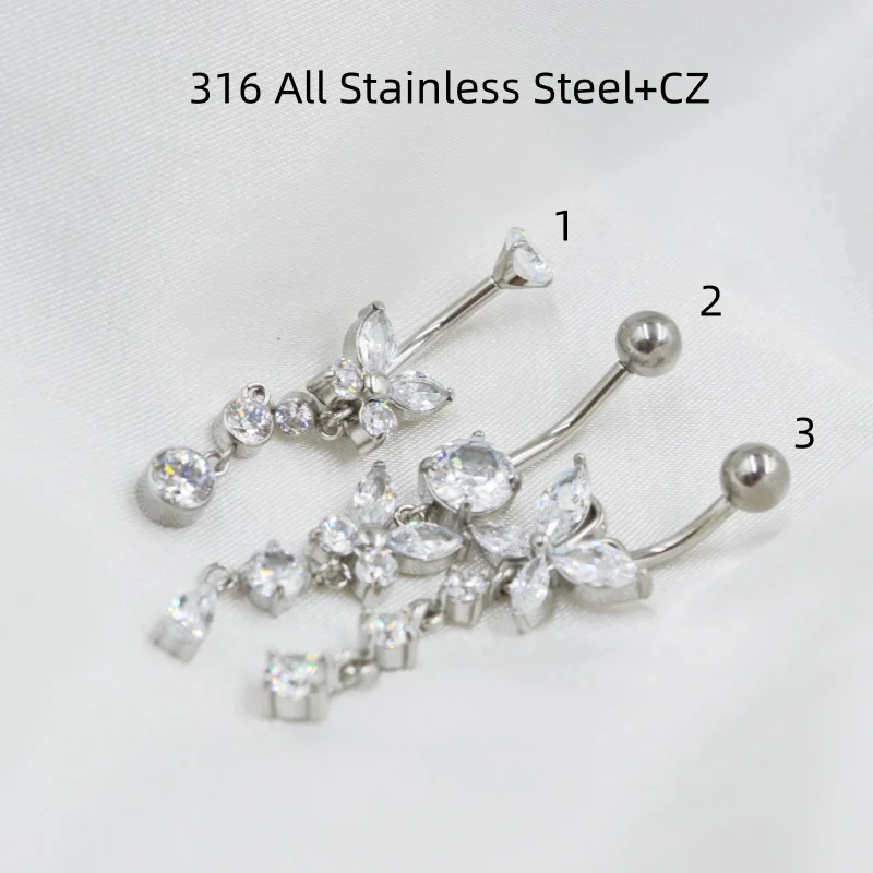 Lot10PCS 316 Stainless Steel Navel Belly Butterfly CZ Button Bar Barbells Dangle Navel Ring Body Piercing Jewelry New