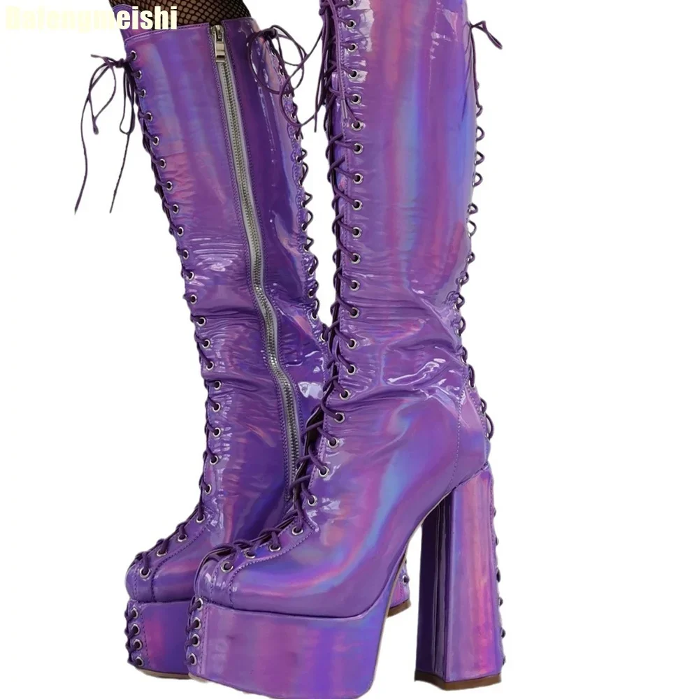 Purple Fantasy Platform Thick Heel Boots Cross Strap Lace-Up Side Zipper Fashion Knee-High Boots 2025 New Loog Boots Size 44
