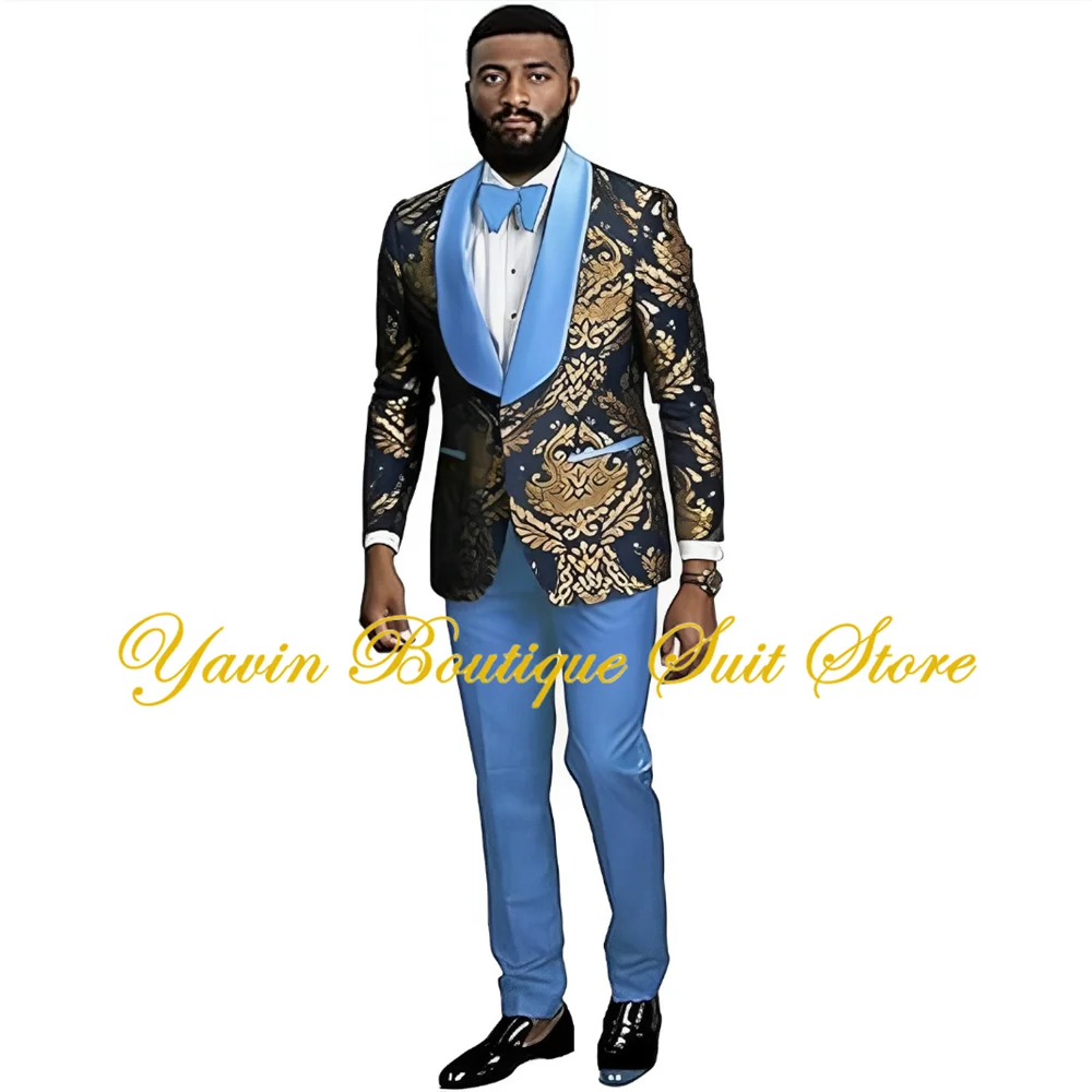 Gold Floral Men's Suits Blazer Wedding Groom Tuxedo 2-piece Set Formal Party Dress Elegant Jacquard Men's Suit