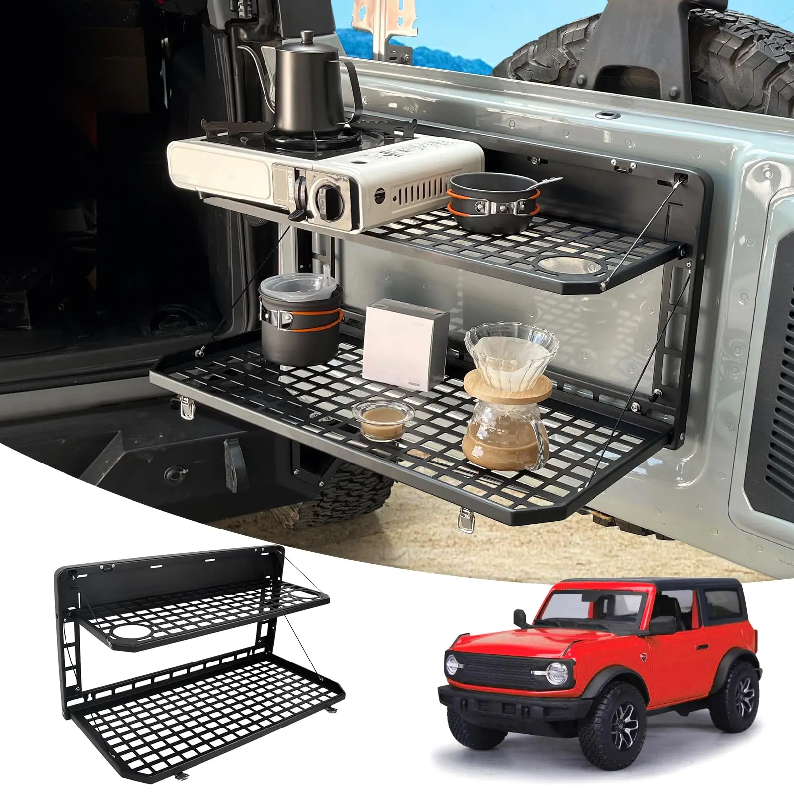 

2-Tier Tailgate Table Rear Foldable Storage Cargo Rack MOLLE System Outdoor Camping Desk For Ford Bronco 2021-2025 4/2-Door