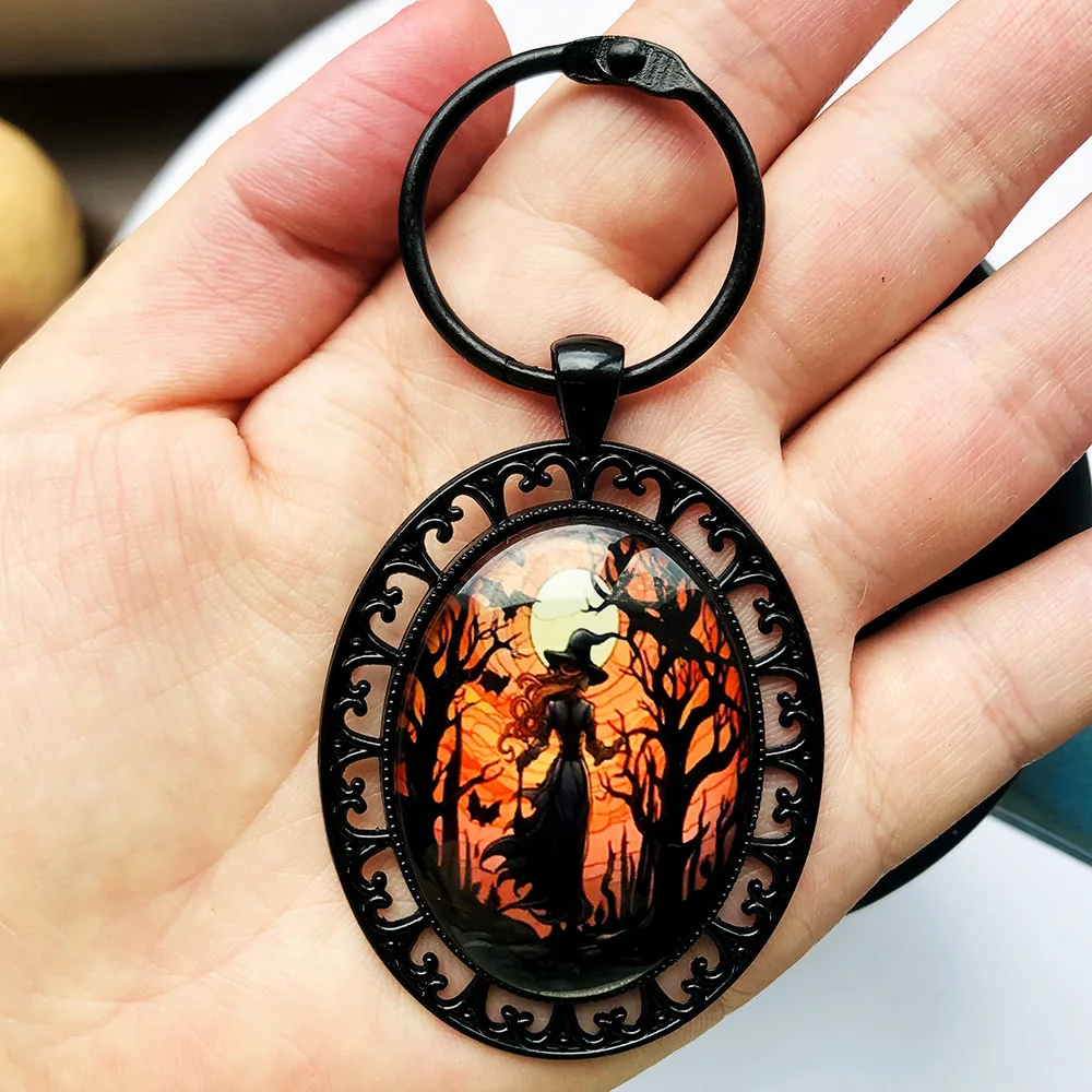 Europe and America Glass Cover Halloween Night Witch Printed Keychain UNISEX Mysterious  Domineering Holiday Decoration Keychain