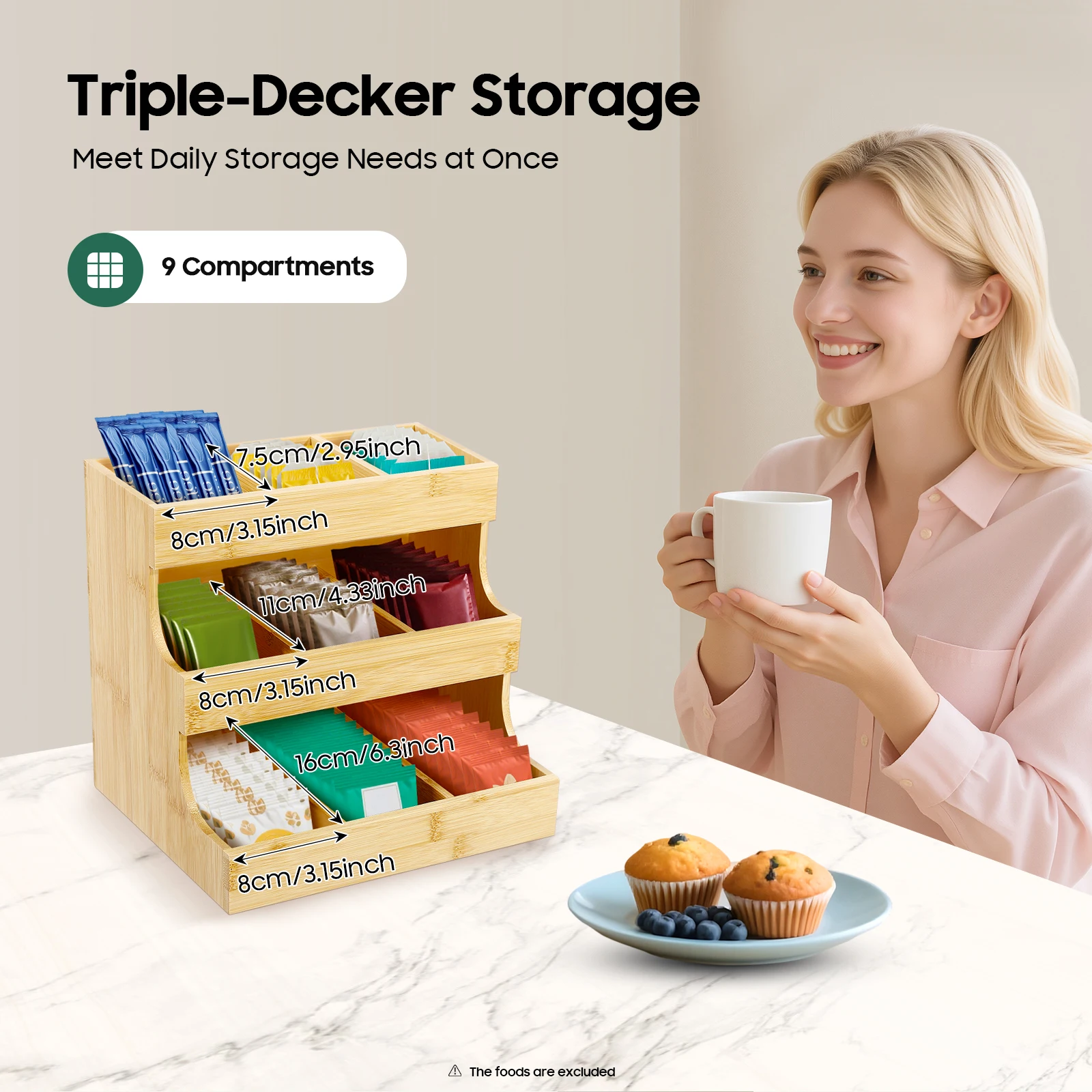 Bambus Teebeutel-Organizer Aufbewahrungsbox, 9-Fach Desktop Trapezförmiger Halter für Kaffee Zucker Gewürze Büro Zuhause