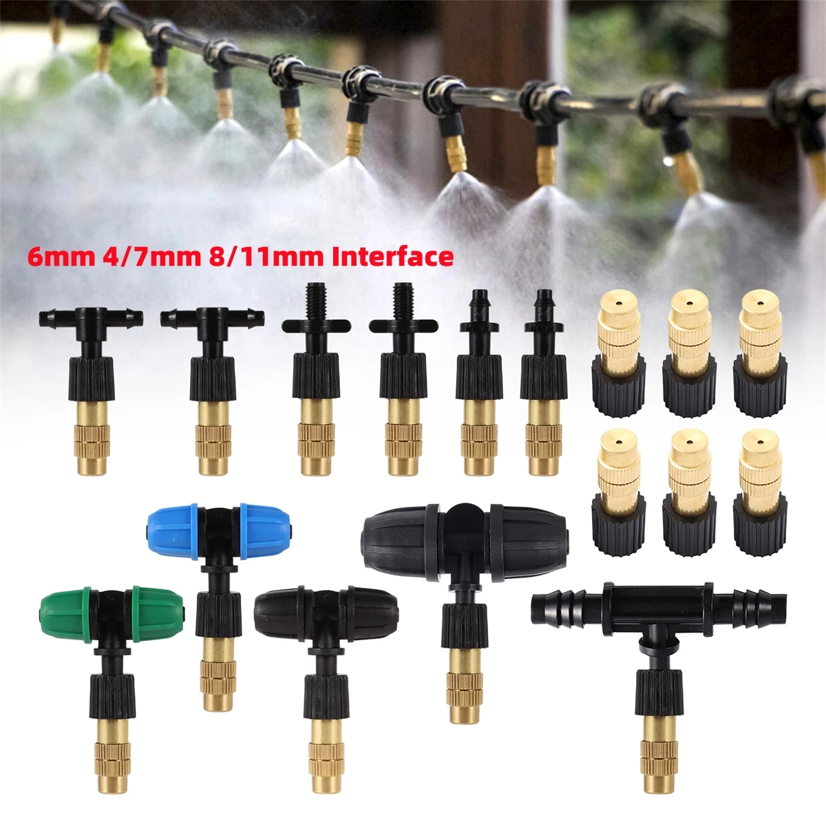 

5/50Pcs 6mm Brass Mist Nozzle Kits 4/7mm 8/11mm Hose Garden Lawn Micro Irrigation Atomaiztion Cooling Dust Removal Sprayer Heads