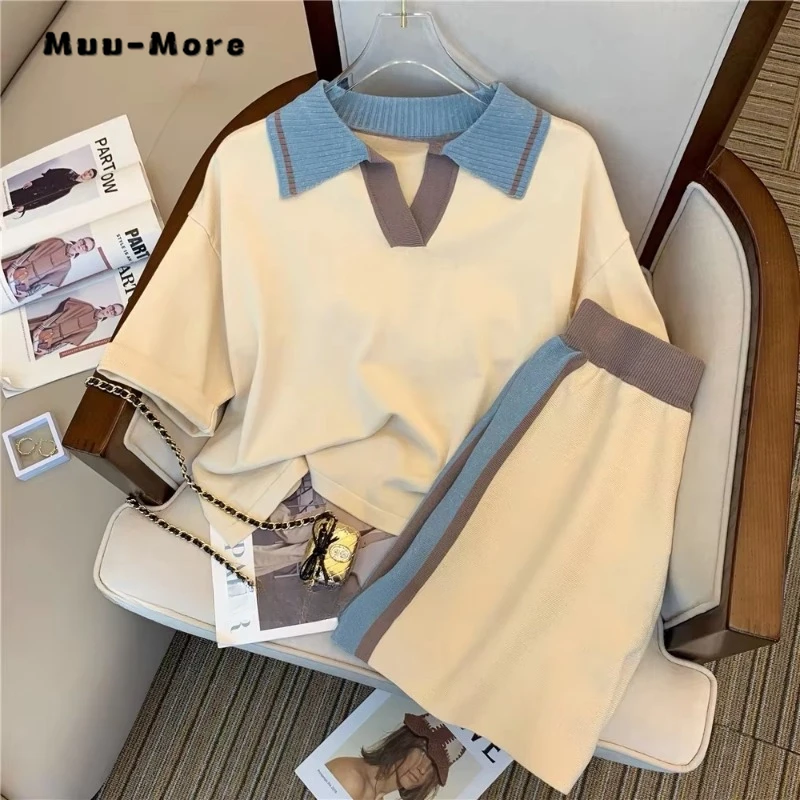 2025 Summer Casual Patchwork Two-piece Set Women Short Sleeve Loose T-shirts + Elastic Waist Shorts Sports Shorts Set Outfits