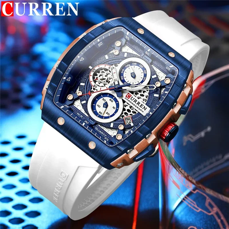 CURREN Man WristWatch Waterproof Chronograph Men Watch Military Top Brand Luxury White Silicone Original Sport Male Clock 8442