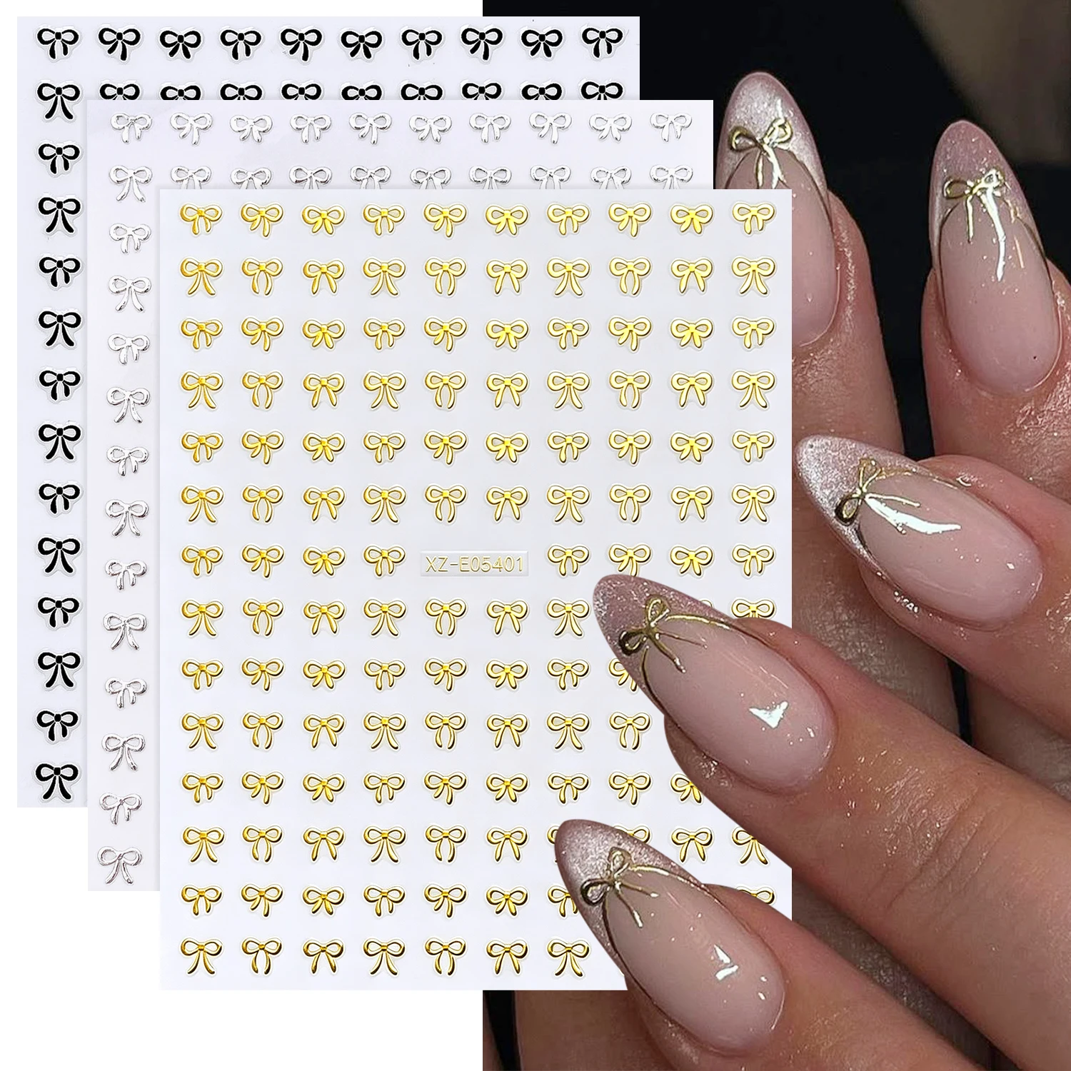 3pcs/set 3D Bronzing Gold/Silver/Black Bow Nail Stickers Cute Bowtie Nail Decals 8*10cm Self Adhesive Bowknot Nail Decoration #7