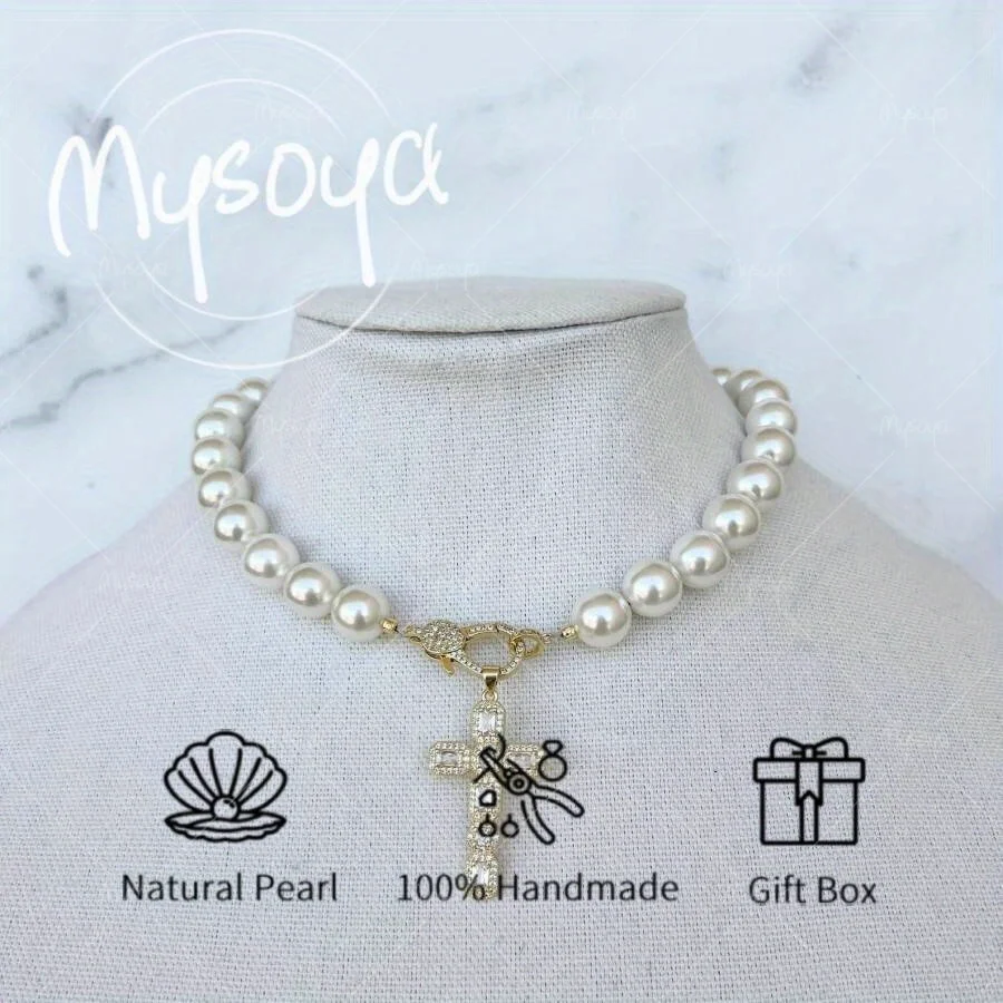 

MYSOYA White Freshwater Pearl Necklace Cross Pendant 10-11mm Pearl Gift Box Birthday Gift Wedding Jewelry Gift for Him/ Her