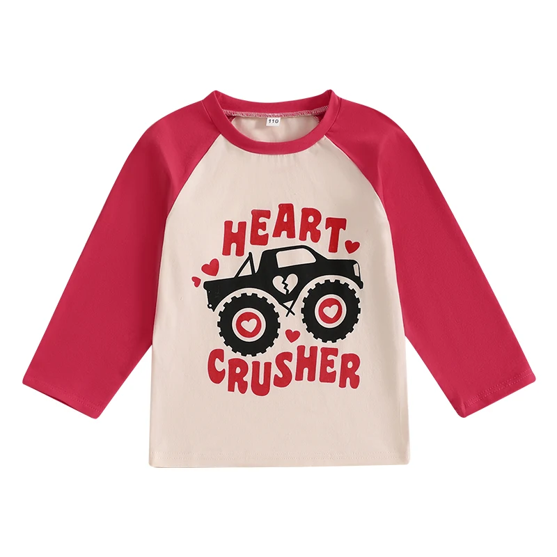 Little Boys Valentine s Day Casual Tops Long Sleeve Crewneck Letter Tractor Print Loose Fit T-shirt